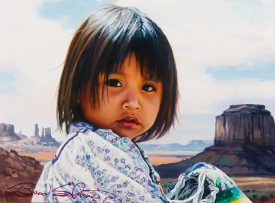 Young child with a short dark haircut in a floral shirt, gazing over an arid landscape with rock formations in the distance (painting style).