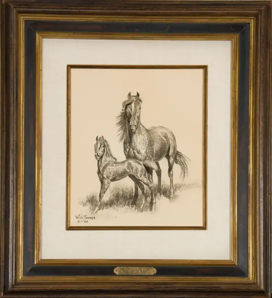 Pencil sketch of a foal and an adult horse standing in grass, framed in a dark wood frame with gold trim and a light mat.