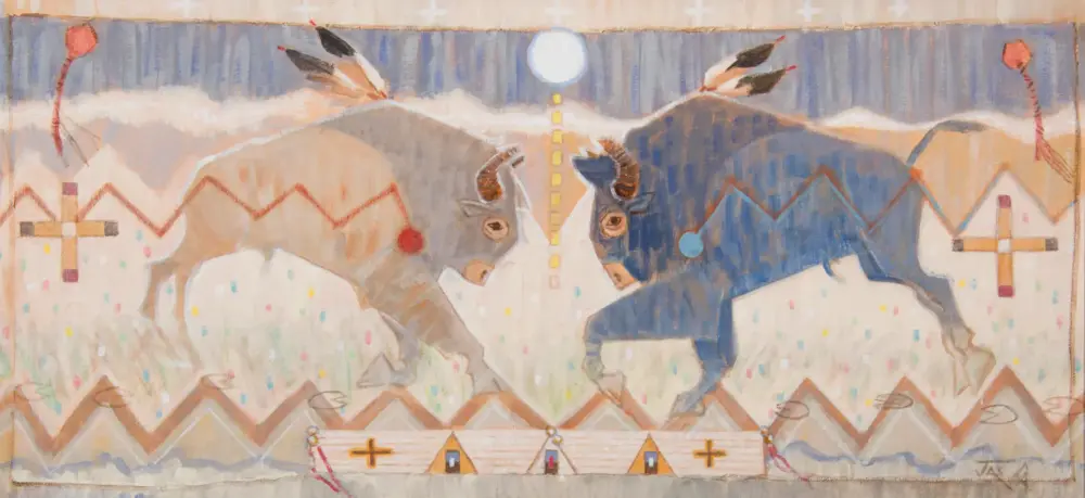 Two bulls locking horns in a stylized, pastel mural with mountains and geometric patterns in the background.