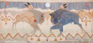 Two bulls locking horns in a stylized, pastel mural with mountains and geometric patterns in the background.