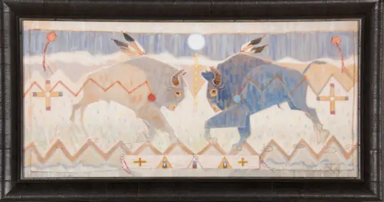 Framed abstract painting of two horned animals facing each other against mountains and a full moon in a pastel landscape.