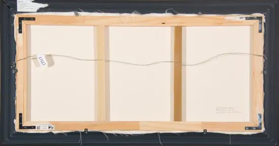 Back of a framed canvas on a wood stretcher with hanging wire and metal brackets; gallery labels visible along edges.