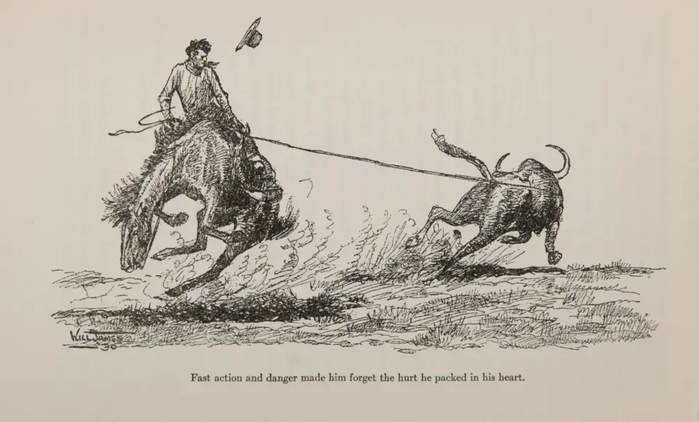 Rider on a horse lunging forward as a bull charges on a hillside, rope trailing behind them in a dramatic chase scene.