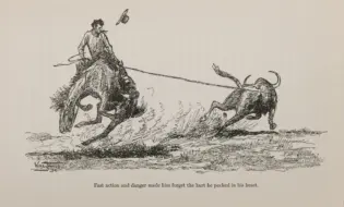 Rider on a horse lunging forward as a bull charges on a hillside, rope trailing behind them in a dramatic chase scene.