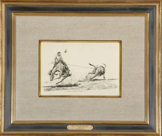 Ink sketch of a cowboy on a bucking horse chasing a steer, a lasso taut between them, set in a simple landscape.