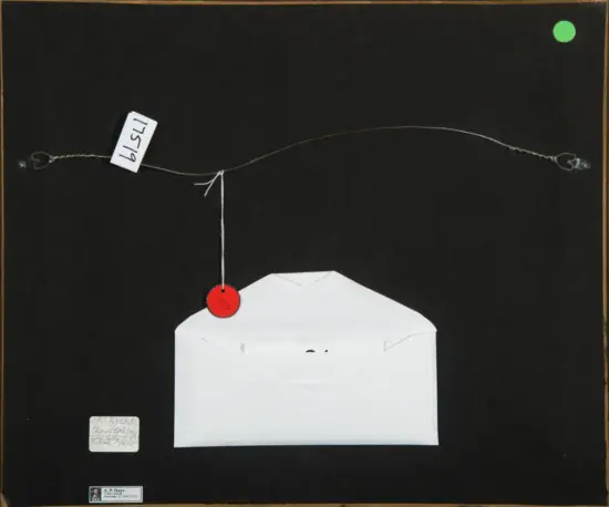 White envelope hangs from a string attached to a curved wire, with a red circular tag, against a black background.