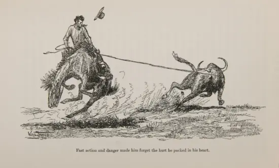 Rider on a horse lunging forward as a bull charges on a hillside, rope trailing behind them in a dramatic chase scene.