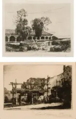 Two black-and-white etchings: the top panel shows a cloister with arched walkways and tall trees, set against a sky; the bottom panel depicts a rugged ruin with scaffolding and rocky cliffs.