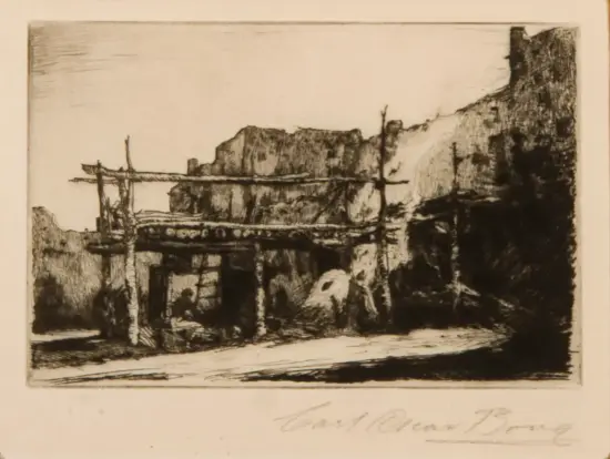Ink sketch of a rocky coastal scene featuring a weathered wooden scaffold over a vessel against a stone wall on the left, with a steep cliff on the right.