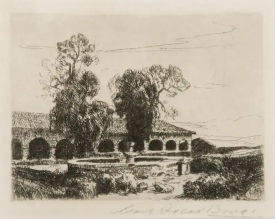 Pencil sketch of a stone cloister with a row of arches and a central courtyard, flanked by tall trees and distant hills in the background.