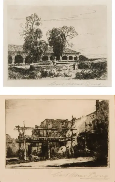 Two black-and-white etchings: the top panel shows a cloister with arched walkways and tall trees, set against a sky; the bottom panel depicts a rugged ruin with scaffolding and rocky cliffs.