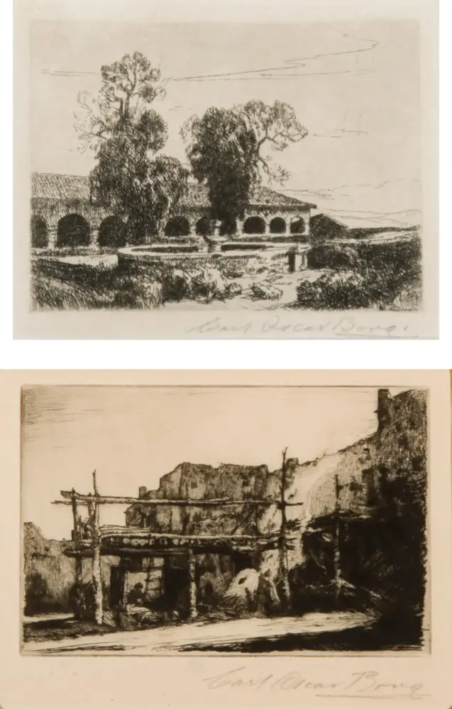 Two black-and-white etchings: the top panel shows a cloister with arched walkways and tall trees, set against a sky; the bottom panel depicts a rugged ruin with scaffolding and rocky cliffs.