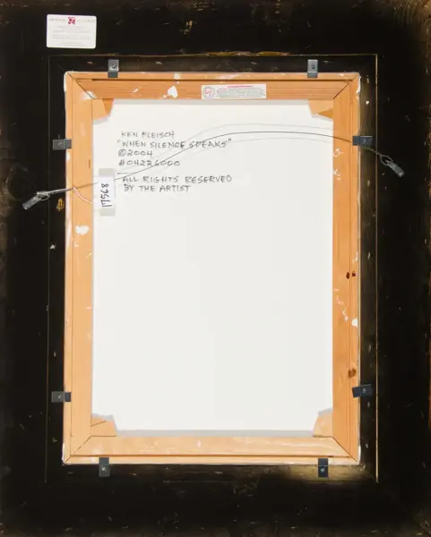 Back of a framed canvas showing handwritten artwork info: KEN FLEISCH, 'When Silence Speaks', 2004, #04286000, ALL RIGHTS RESERVED BY THE ARTIST, with small labels nearby.
