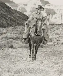 Cowboy rides a horse along a rocky trail in a desert canyon with a donkey resting in the background.