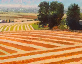 Impressionist landscape with orange fields in parallel rows and a cluster of trees on the right under a blue sky