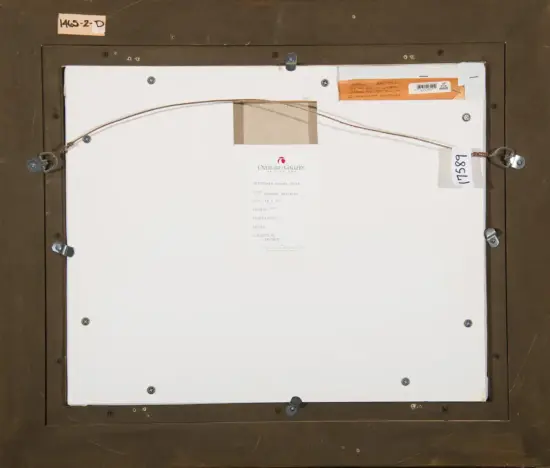 Back of a framed artwork on a brown frame with hanging wire and gallery labels visible on the back.