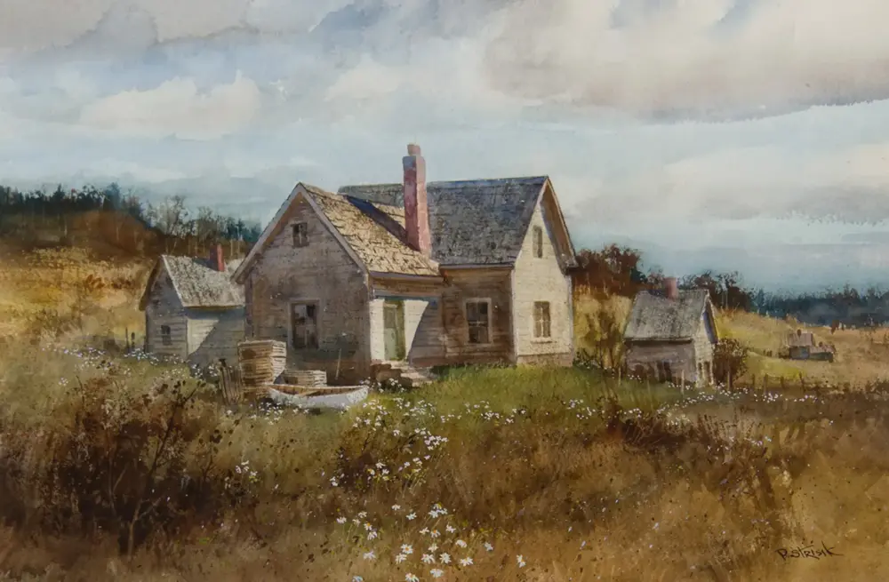 Watercolor painting of a farmhouse with a chimney and smaller outbuildings, set in a meadow with white wildflowers under a cloudy sky.