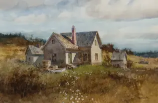 Watercolor painting of a farmhouse with a chimney and smaller outbuildings, set in a meadow with white wildflowers under a cloudy sky.