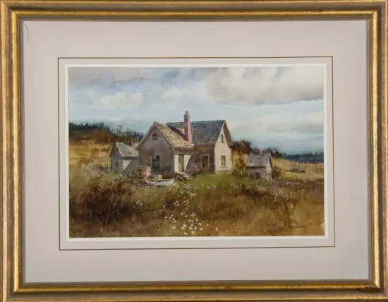 Watercolor of a cluster of weathered farmhouses in a grassy field with white wildflowers, under a cloudy sky, framed in gold.