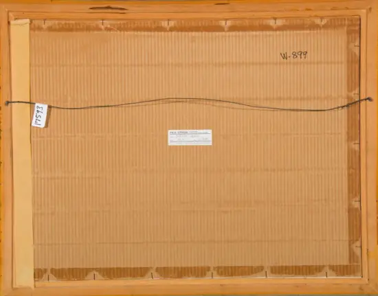 Back of a wooden-framed artwork; cardboard backing, a metal hanging wire across, and small labels/tags visible in the center and left edge.