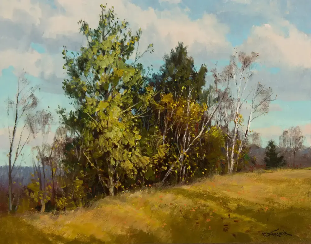 Impressionist landscape of a cluster of green-leaved trees on a grassy slope under a blue sky with fluffy clouds.