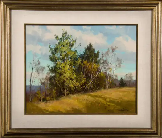 Landscape painting of a cluster of trees on a grassy field under a blue sky with fluffy clouds, in a gold-framed artwork.