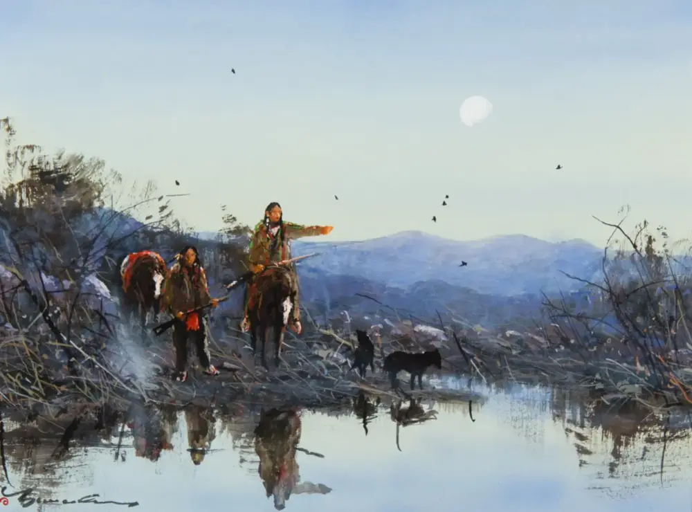 Two riders on horses navigate a wintery, reflective plain with distant blue hills under a pale sky.