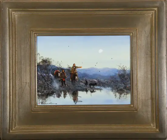 Framed landscape painting of travelers on horseback by a calm river, with bare trees and distant blue mountains under a pale moon.