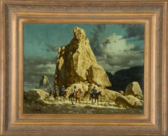 Oil painting of cowboys on horseback crossing a rocky desert toward a tall rock formation under a cloudy sky framed by an ornate border.
