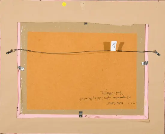 Back of a framed artwork: pink frame with a brown backing board, hanging wire stretched across, metal clamps at sides, small white label, and handwritten text visible on the backing.
