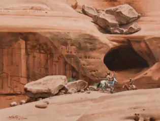 Three riders on horses approach a large dark cave in a red sandstone cliff, with boulders in the foreground.
