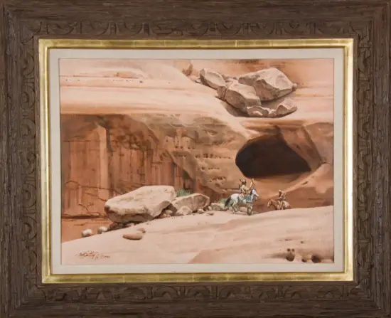 Desert canyon painting showing a large rock arch and two riders on horseback near the cave entrance.