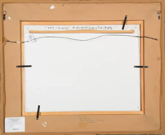 Back side of a framed painting showing a hanging wire, clamps, and labels on a wooden frame.