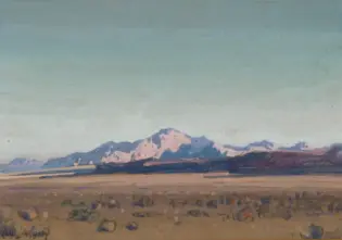 Pastel-toned landscape painting of distant snow-capped mountains under a pale blue sky with a flat, rocky foreground.