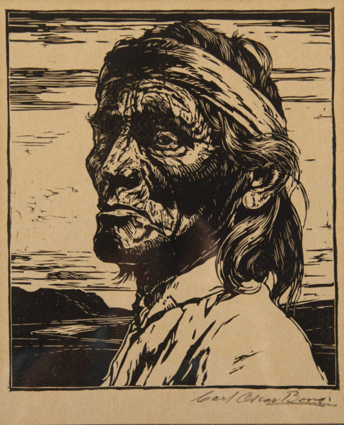 Side profile of an elderly person with deeply wrinkled face and long hair tied back, in a woodcut style.