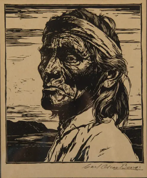 Profile of a figure with a rugged, ape-like face and a headband, inside a bordered frame.