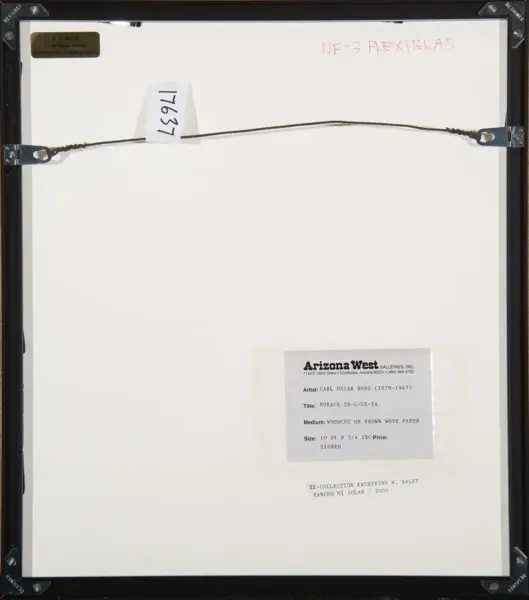 Back of a framed painting showing a horizontal hanging wire; gallery labels include Arizona West Galleries and the artist Carl Oscar Borg with artwork details.