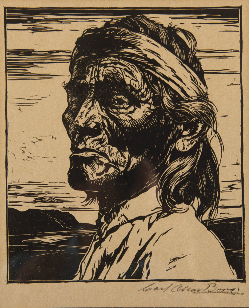 Side profile of an elderly person with deeply wrinkled face and long hair tied back, in a woodcut style.