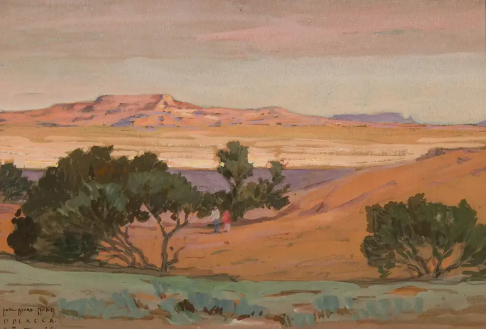 Pastel desert landscape painting with distant mesas, muted pinks and purples, and a few trees in the foreground; two small figures walk along a sandy path.