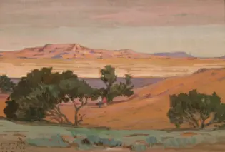 Pastel desert landscape painting with distant mesas, muted pinks and purples, and a few trees in the foreground; two small figures walk along a sandy path.