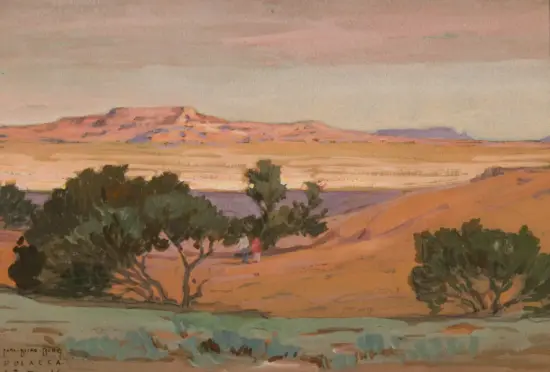 Pastel desert landscape painting with distant mesas, muted pinks and purples, and a few trees in the foreground; two small figures walk along a sandy path.