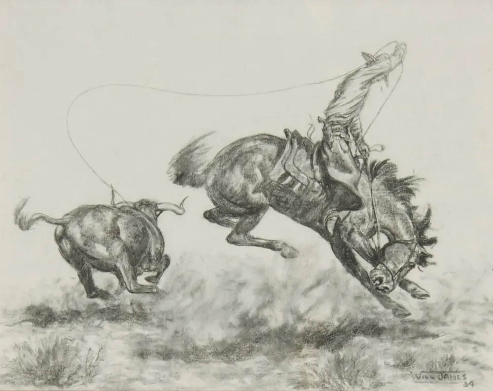 Pencil sketch of several horses running, one rearing, across a grassy plain.