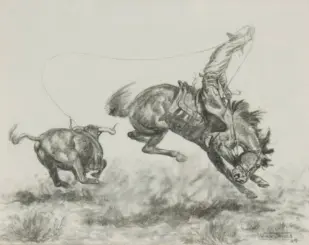 Pencil sketch of several horses running, one rearing, across a grassy plain.