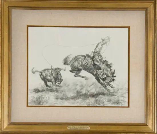 Pencil drawing of a bucking horse and a steer in a dusty arena, a rope trailing between them as they struggle.