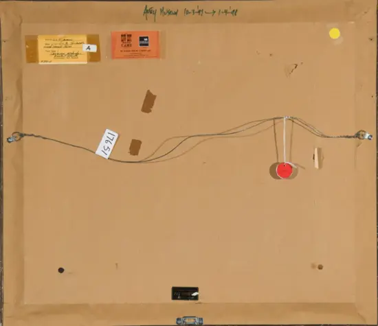 Back of a framed artwork: hanging wire across with labels and stickers on brown backing board, plus a red circular tag near the center right and small hardware at edges.