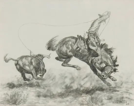 Pencil sketch of several horses running, one rearing, across a grassy plain.