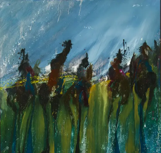 Abstract landscape painting with a blue sky and dark green hills, painted with bold vertical strokes of color.