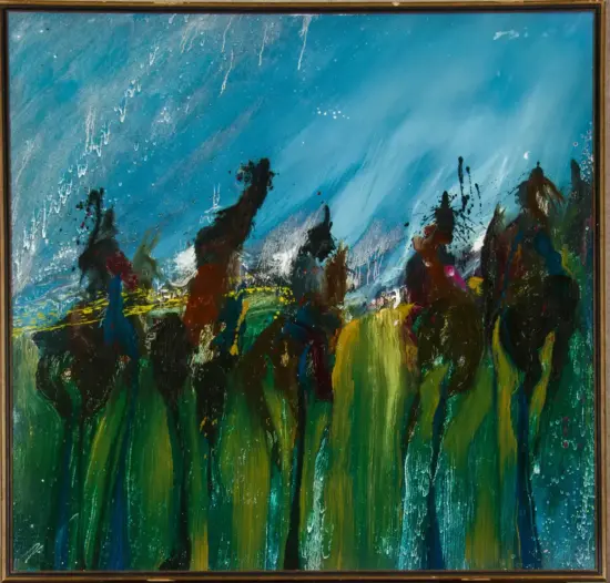 Abstract painting with bold blue sky and a row of dark, abstract figures in a green field; painterly, expressive strokes suggest movement and energy.