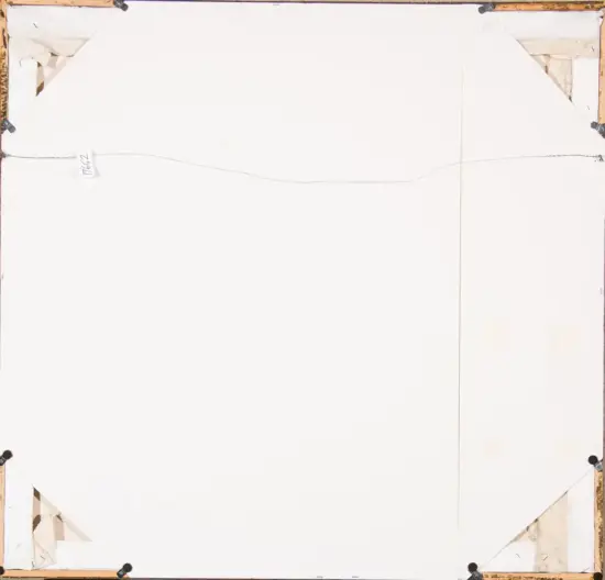 Back of a stretched canvas showing wooden frame corners, white canvas with minor wrinkles and a hanging wire across the middle.