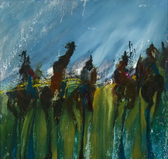Abstract painting with blue tones at the top and green-brown sweeping vertical brushstrokes at the bottom, with splatters and drips throughout.